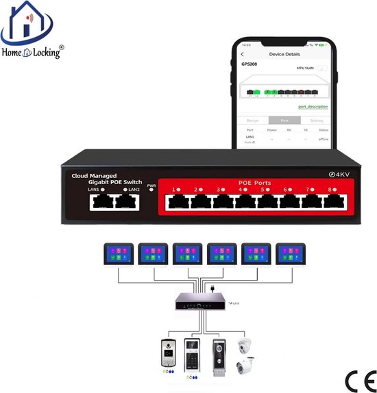 Cloud PoE switch 8ch voor Home-Locking videofoon T-2301. T-2301S van Home-Locking