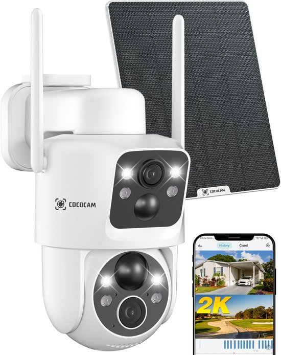 COCOCAM 2K Buiten Camera - Dual Lens - Zonnepaneel Beveiligingscamera's - Dubbele PIR Camera| 10000mAh | AI Analyse | Kleur Nachtzicht Beveiligingscamera van Merkloos