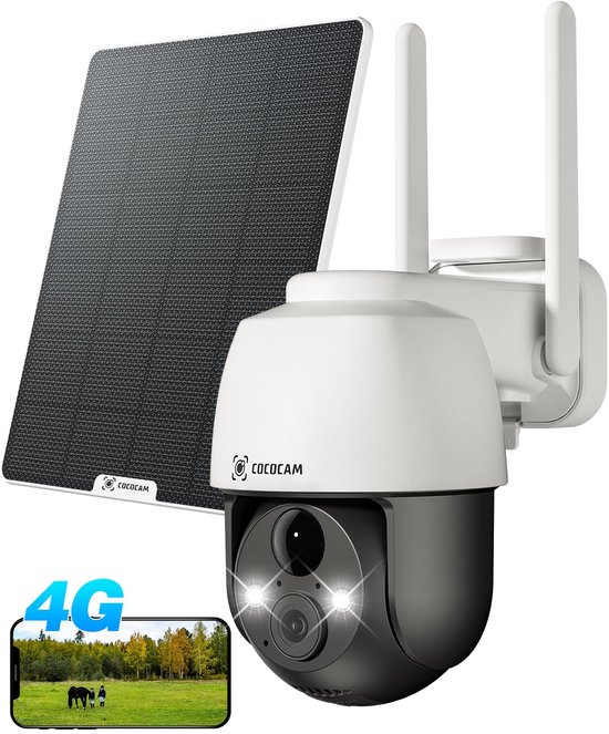 COCOCAM 4G LTE Buitencamera - Zonnepaneel - Tweerichtingsspraak - Incl. SIM - 2K Kleur Nachtzicht - Geen WiFi Nodig - Werkt met Alexa Beveiligingscamera