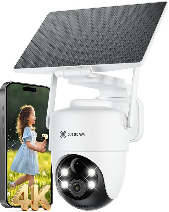 COCOCAM 4K Buitencamera - 8MP Ultra HD Beveiligingscamera Draadloos Buiten - 5W Zonnepaneel - WiFi 6 - AI Herkenning | 10000mAh Buiten Camera met nachtzicht van Merkloos