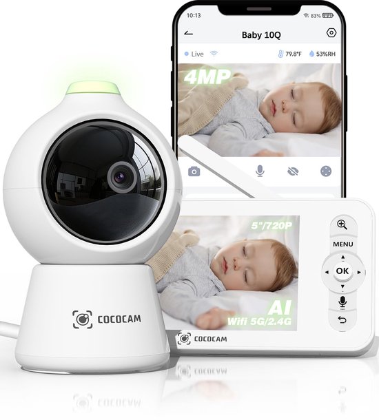 COCOCAM Baby 10Q AI Babyfoon Camerabewaking - 5" Scherm - 2K 4MP Binnen Camera - Gezichtsbedekking & Buiklig Detectie - Automatische Tracking Beveiligingscamera van Merkloos