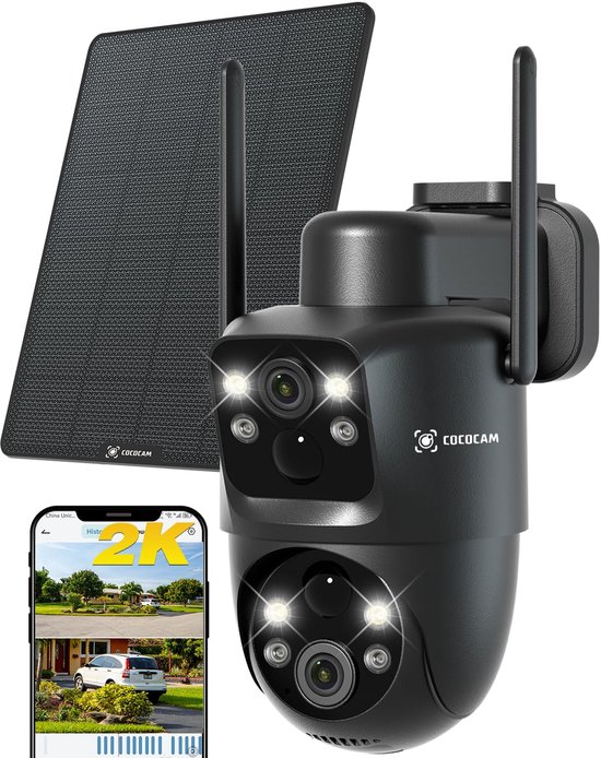COCOCAM Dual Lens Buitencamera wifi met App - 2 Camera's in 1 - 10000mAh Camera met nachtzicht - 6W Zonnepaneel Beveiligingscamera - 2K 360° Dekking van Merkloos