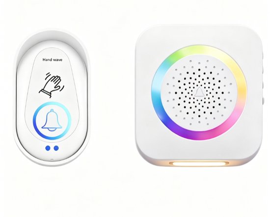 Contactloze draadloze deurbel met bewegingssensor (activeren door zwaaien) — Ontvanger met RGB-nachtlampje — 38 ingebouwde melodieën; geschikt voor huisbeveiliging (ouderen, huisdieren, appartementen) — Draadloze deurbel — Contactloze deurbel-wit