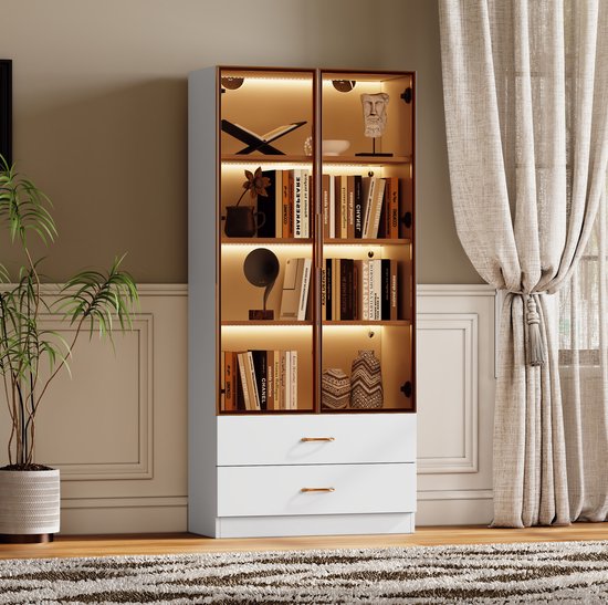 COVREO Badkamerkast 75 x 34,5 x 170 cm wit, MDF met lichtstrip en glasdeur