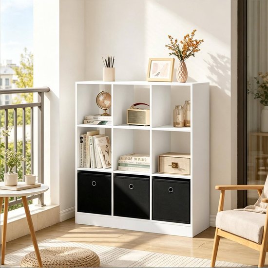 COVREO Boekenkast 80 x 86,5 x 30 cm wit, met 3 stoffen lades