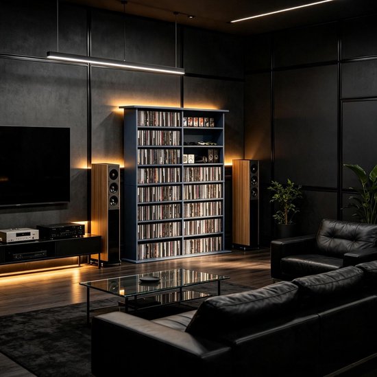 COVREO CD DVD opbergkast 106,5 x 24 x 126,3 cm grijs spaanplaat - 16 vakken - 12 verstelbare planken - 720 cd