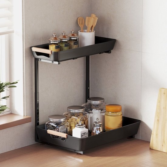 COVREO Keukenrek 40 x 30 x 33,5-42 cm zwart, van kunststof met 2 korven