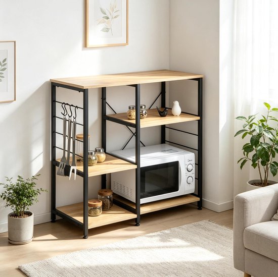 COVREO Keukenrek 90 x 40 x 83,5 cm licht eiken, hout en staal met 4 haken