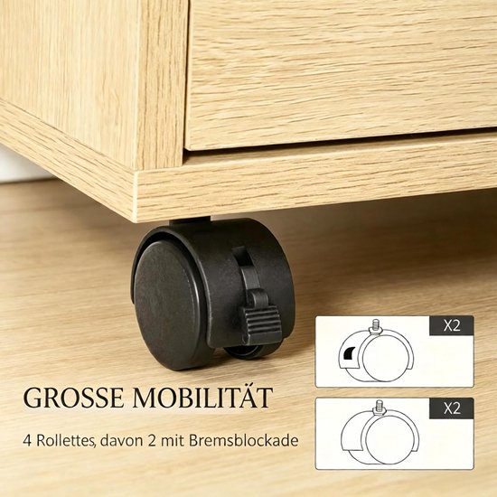 COVREO Rollcontainer 46 x 40 x 65 cm, naturel hout MDF, 4 lades met wielen
