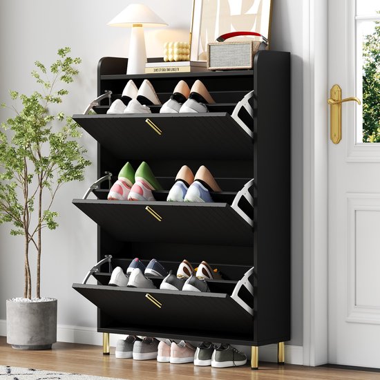 COVREO Schoenenkast 80 x 23,5 x 123,5 cm zwart MDF, 3 klappen, voor hal