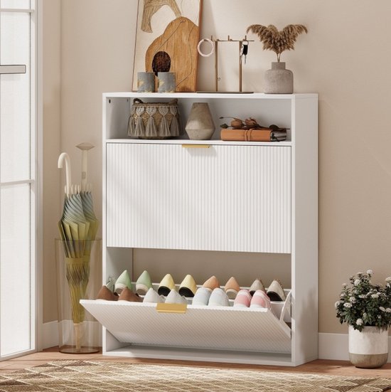 COVREO Schoenenkast 80x24x102,5 cm wit, van hout met 2 klapvakken