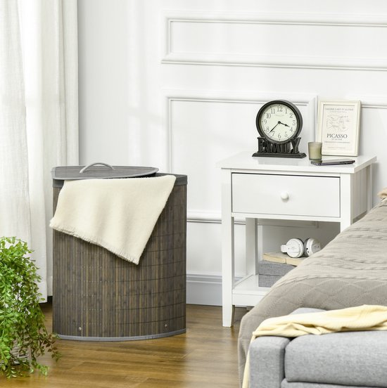 COVREO Wasmand 38x38x57 cm grijs, bamboe met deksel en uitneembare zak