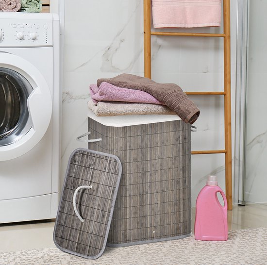 COVREO Wasmand 43 x 32 x 61 cm grijs, bamboe met deksel en handgrepen