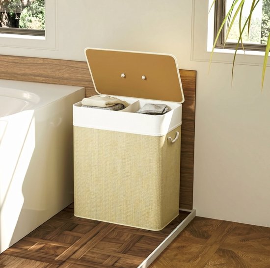 COVREO Wasmand 52x32x63 cm wit, bamboe 100 L met deksel en 2 vakken