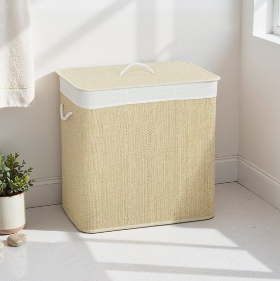 COVREO Wasmand met deksel 60 x 40 x 60 cm cream, bamboe met afneembare waszak