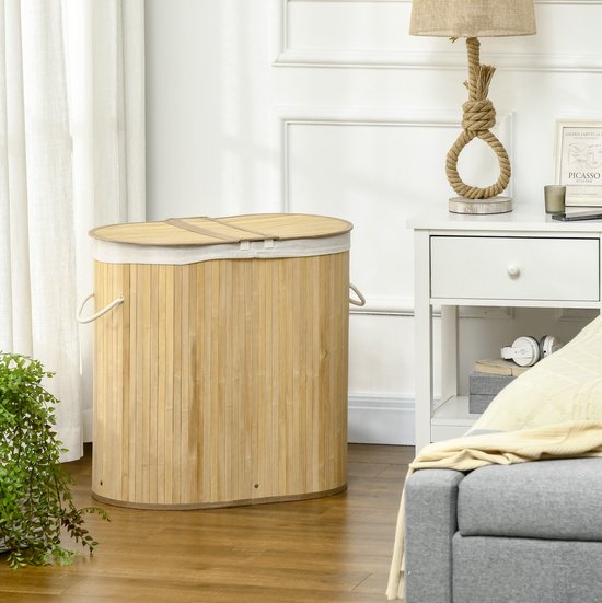 COVREO Wasmand met deksel 62,5 x 37 x 60,5 cm, natuurlijk hout, 2 vakken