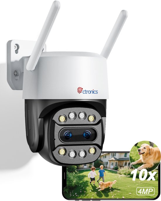 Ctronics 10X Hybride Zoom Buiten Beveiligingscamera 2.5K - Dual Lens, 4MP WiFi PTZ Camera, Mensen-/Voertuigdetectie, Automatische Tracking, Kleuren Nachtzicht van Merkloos