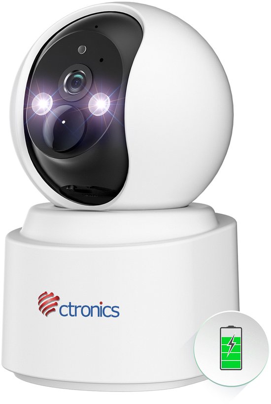 Ctronics 2.5K 4MP Draadloze Binnencamera - Batterij & WiFi - PIR Mens Detectie - Autotracking - Kleuren Nachtzicht - Tweeweg Audio Beveiligingscamera (Wit) van Ctronics