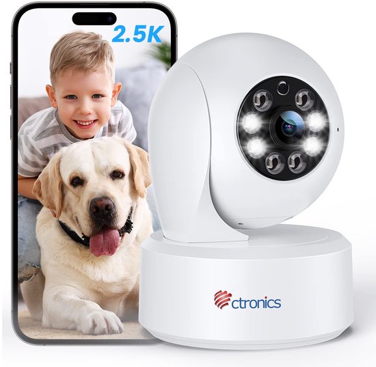 Ctronics 4MP Binnen Camera WiFi met app - 2.4/5GHz & Bluetooth - 2.5K Kleuren Nachtzicht Beveiligingscamera - Automatische Tracking - Baby/Huisdier Camerabewaking (Wit) van Ctronics