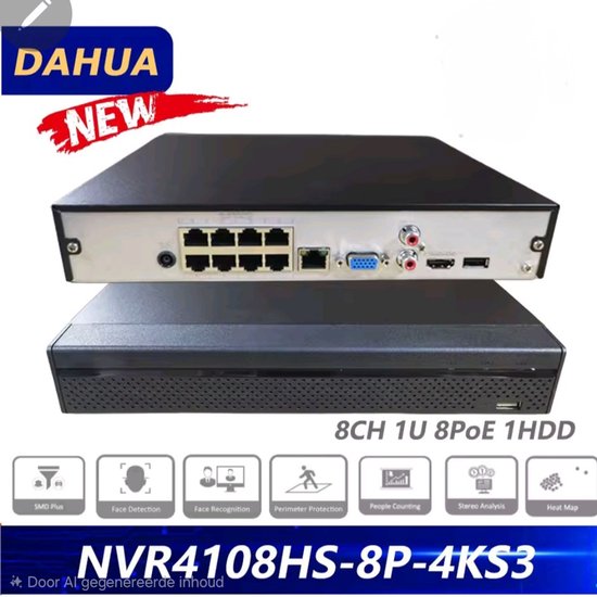 Dahua 4K NVR4108HS-8P-4KS3 Netwerk Video Recorder (NVR) 1U Zwart