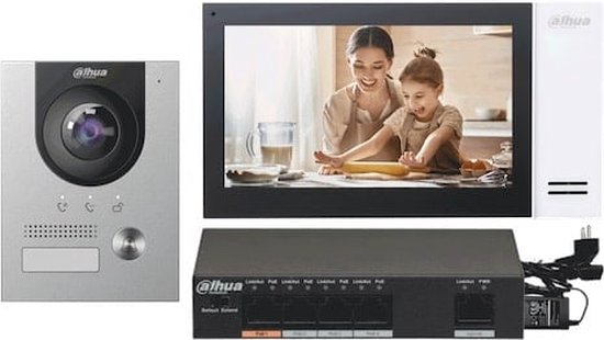 Dahua KTP01L(F) complete IP video deurbel intercom kit met VTO2201F-P-IP en VTH2421FW-P inclusief PoE switch en inbouwbehuizing van Dahua