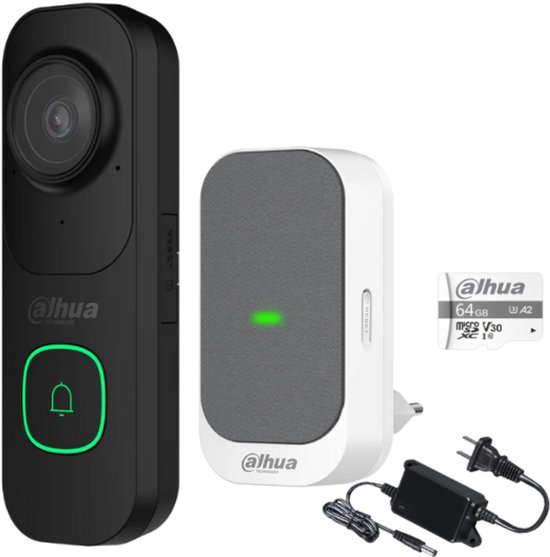 Dahua Slimme WiFi Videodeurbel Set met Gong, Voeding en 64GB SD-kaart (Zwart) zonder abonnementskosten!
