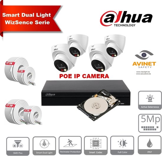 DAHUA Smart Dual Light Active Deterrence WizSense-serie 30m IP-camerakit - 4x 5 megapixel 2,8 mm cameratorentjes + 8 kanalen POE NVR + 4 TB max. 8x camera