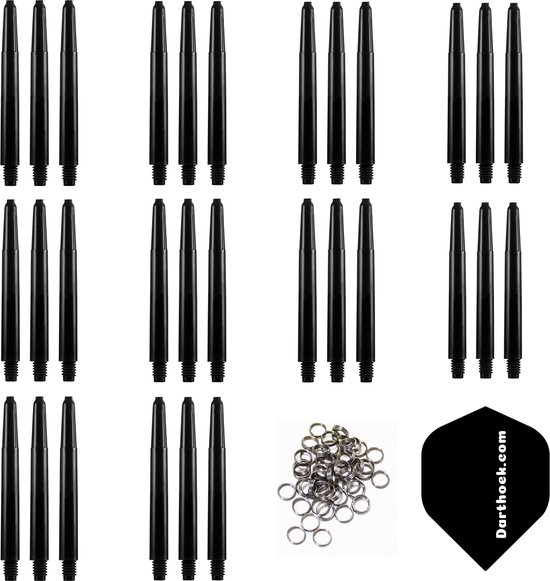 Darthoek zwarte dart shafts| 10 sets (30 stuks) |Extra Short | + 10 sets (30 stuks) veerringen + 1 set darthoek flights van Darthoek
