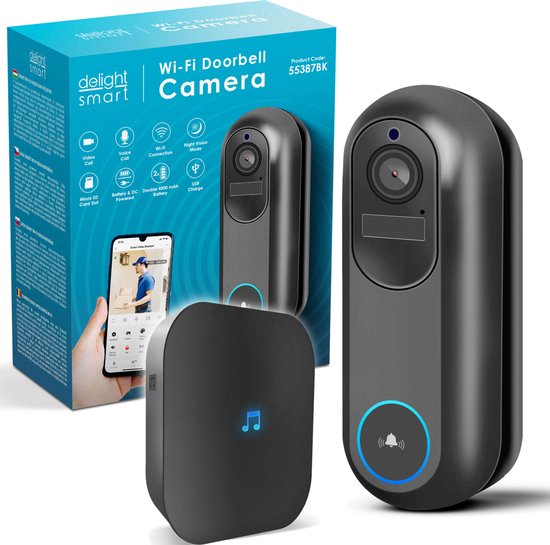 Delight Video Deurbel met Camera En Wifi - Intercom - Full HD 1080p - 5 tot 8 maanden batterijduur! - Bewegingsdetectie En Nachtzicht - Deurbellen met Camera - 55387BK van Delight