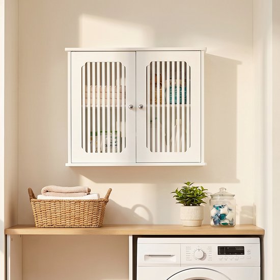DESMIU Badkamer Wandkast - Dubbele Deur Met Lamellenfront - Ruimtebesparende Wandmontage - MDF En Spaanplaat - 69,3x43,8x11 cm - Wit