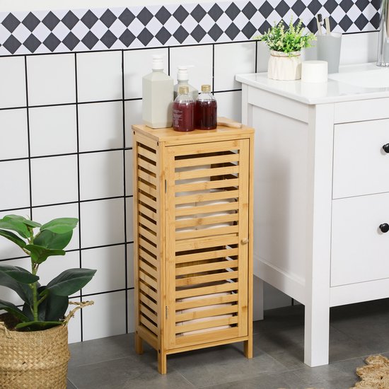 DESMIU Badkamerkast Beistellschrank Met Lamellendeur En Verstelbare Plank Voor Badkamer Opbergruimte Bamboe Naturel 30 x 19,9 x 70 cm