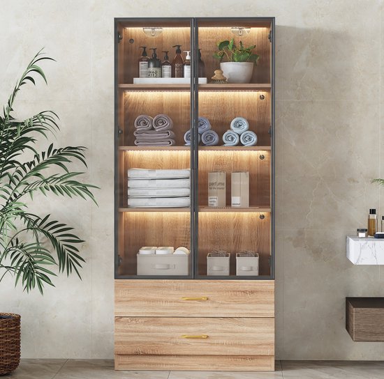 DESMIU Badkamerkast - Hoge Opbergkast Met Lichtstrip En 2 Laden - 2 Deuren Met Gehard Glas Voor Badkamer - MDF - 75x34,5x170 Cm - Bruin