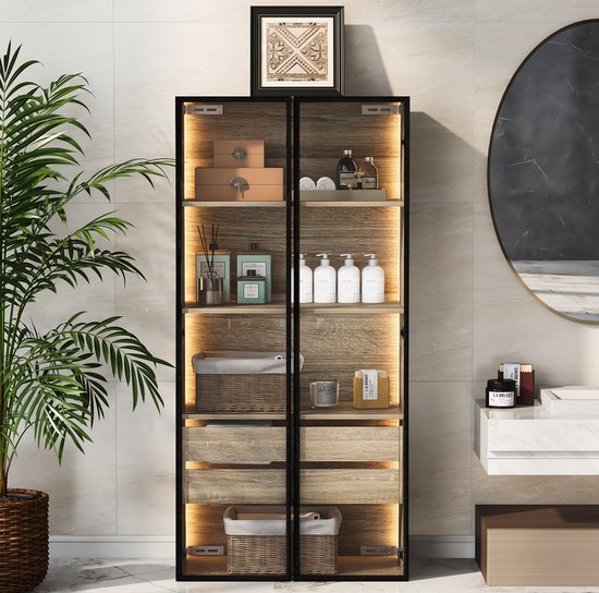 DESMIU Badkamerkast - Met Ledverlichting En Glazen Deuren - Voor Badkamer En Woonruimte - MDF Naturel - 74 X 36 X 155 Cm