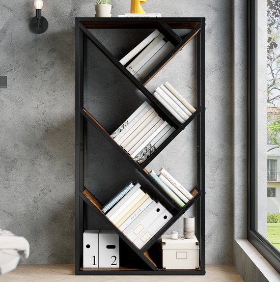 DESMIU Boekenkast – Boomvormig Open Wandrek Met Anti Kantel – 80 X 35 X 160 Cm – MDF En Staal – Zwart Bruin – Voor Woonkamer En Werkkamer