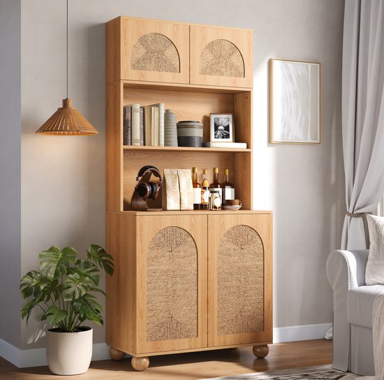 DESMIU Hoge Opbergkast met Vlechtwerkdeuren en Open Presentatievak Drieledige Kast voor Woonkamer en Hal MDF Spaanplaat 80x40x180 cm Naturel