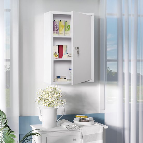 DESMIU Medicijnkast - Afsluitbaar Met 2 Sleutels - 3 Vakken Voor Medicijnen En EHBO-Middelen - Staal - 40 x 18 x 60 cm - Wit
