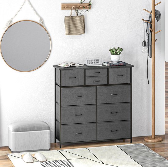 DESMIU Opbergkast Commode Met 10 Opvouwbare Stoffen Lades Stalen Frame Voor Woonkamer Slaapkamer En Hal Zwart 100x30x100 Cm