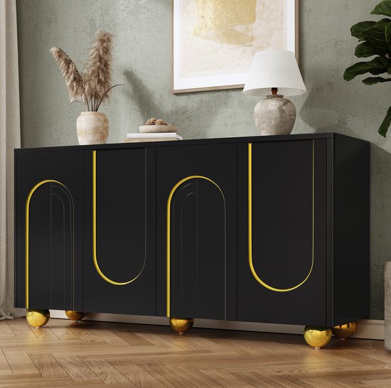 DESMIU Opbergkast - Vier Deuren Met Gouden Boogdecor En Metalen Bolpoten - Voor Woonkamer, Eetkamer En Hal - MDF Spaanplaat - Zwart - 140x40x74 Cm