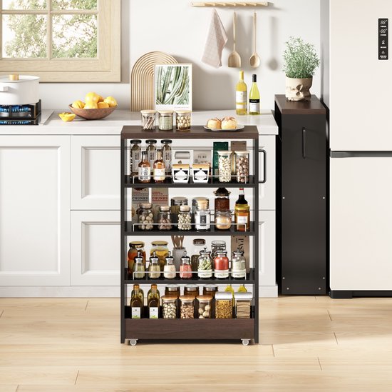DESMIU Opbergwagen - Extra Smal 55 x 12 x 85 cm - Vier Verstelbare Legplanken - MDF - Zwart Bruin - Keuken Badkamer - Met Vier Wielen
