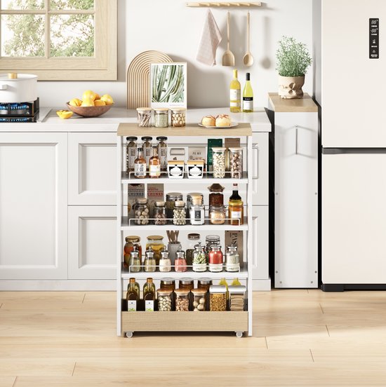 DESMIU Opbergwagen - Extra Smal - 55 x 16 x 85 cm - MDF - Wit en Naturel - Keuken en Badkamer - 4 Verstelbare Planken - Met 4 Wielen