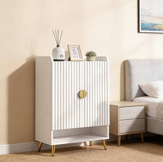 DESMIU Schoenenkast - 7 Laags Met Verstelbare Plank En Open Vak - Voor Hal En Woonruimte - Hout En Metaal - 73x37x110 Cm - Wit Goud