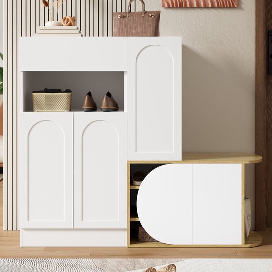 DESMIU Schoenenkast Met Zitbank En Opbergruimte - 1 Lade 5 Deuren En Open Vak - Voor Hal En Entree - MDF - Wit En Houtlook - 130x35x110,5 Cm