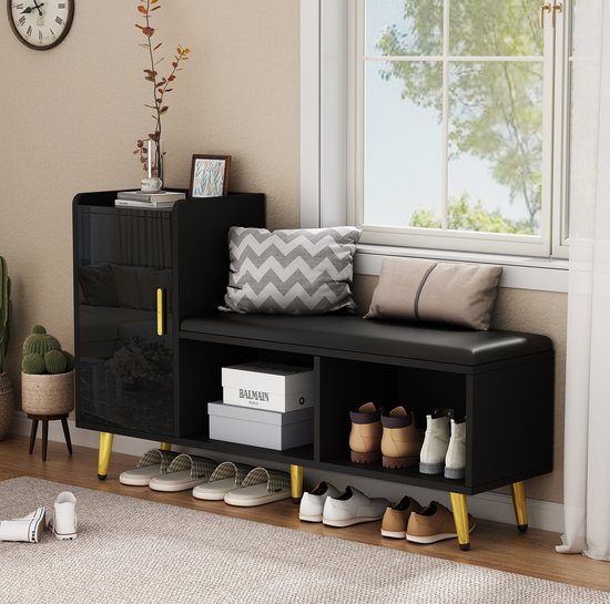 DESMIU Schoenenkast Met Zitbank En Opbergruimte Voor Hal En Slaapkamer - Hoogglans Zwart Met Gouden Details - 120x35x71.5 Cm