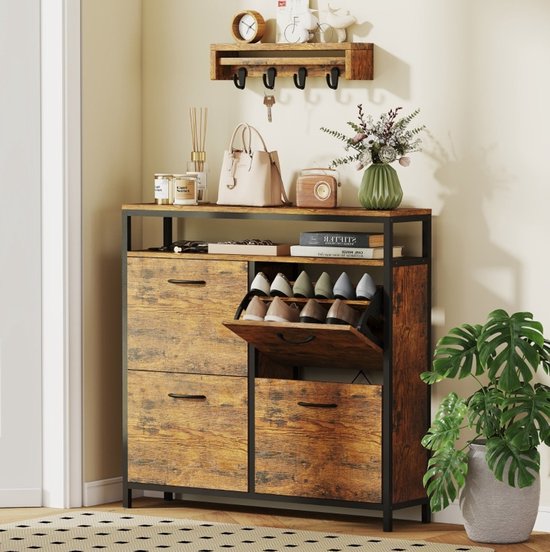 DESMIU Schoenenkast - Smal Model Met 4 Kleplades En Open Bovenrek - Voor Hal En Entree - Hout En Staal - 98x24x95 Cm - Rustiek Bruin