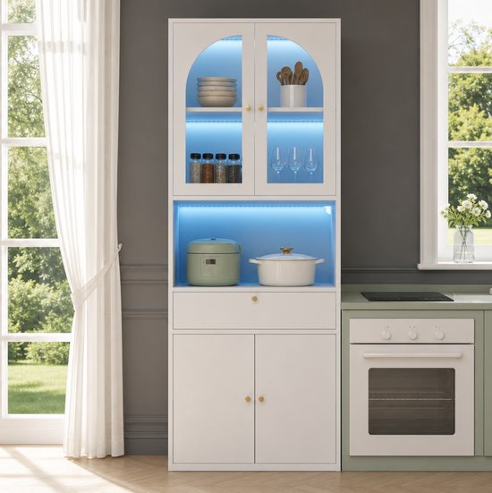 DESMIU Vitrinekast - RGB Ledverlichting Via App - Boogdeuren Voor Woonkamer En Kantoor - MDF En Glas - 70x35x180 Cm - Wit