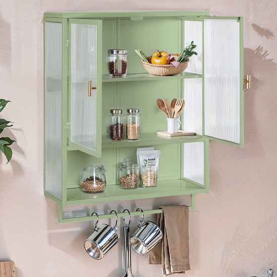 DESMIU Wandkast - 2-Deurs Opbergkast Met Glasdeuren En Open Vak - Voor Badkamer En Woonkamer - Metaal En Glas - Groen - 60x23x78 Cm