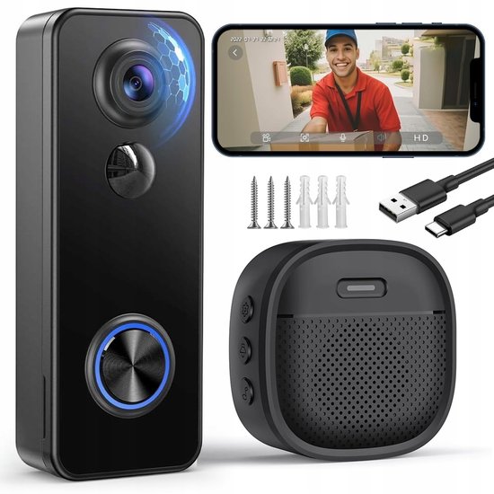 Deurbel - Beveiligingscamera - 2K & 180° Fisheye Zicht - 5200mAh Batterij - AI Mens Detectie & IP65 Waterdicht - Voor Huis & Appartement