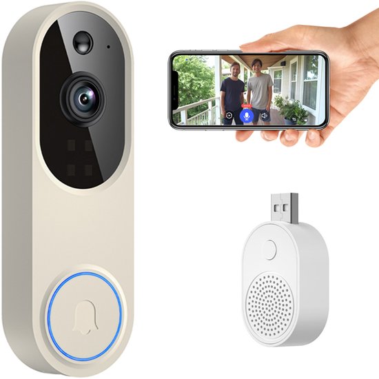 Deurbel draadloos – Deurbellen met camera - Deurbel draadloos met camera voor familie – Veilige slimme videodeurbel met hd nachtzicht en intercomfunctie op afstand – Betrouwbare huisbeveiliging – Beige van Aerb