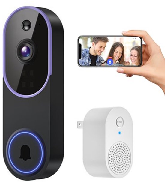 Deurbel draadloos - Videodeurbel - Slimme Deurbel - Deurbellen met camera - WiFi Deurbelcamera - Draadloze Videodeurbel met USB Gong - Voor Huis, Appartement en Kantoor - Betrouwbare huisbeveiliging - Paars