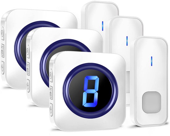 Deurbel Draadloze bel 400 m draadloos bereik waterdicht - buiten - 55 beltonen - 5 volumes - led-nummerweergave - 2 batterij-aangedreven zenders - 3 plug-in ontvangers